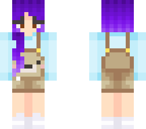 girl bear overalls purple hair blue top