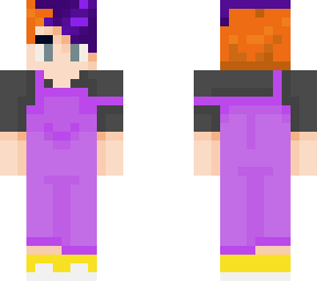 purple hair and purple overalls