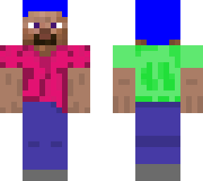 steve with pink and green shirt and pure blue hair