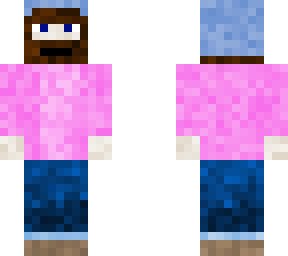 guy with jeans, pink shirt, beard, beanie