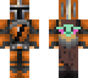 orange mandalorian with grogu