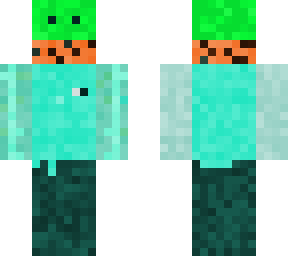 green guy with a muffler and a headphone wearing a blue t-shirt