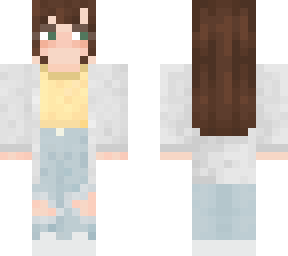brunette girl with yellow shirt, ripped jeans & grey long cardigan