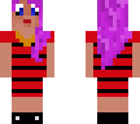 purple hair girl in a red and black dress.