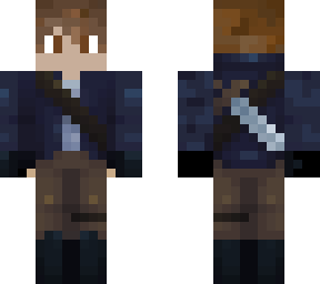 blue boy with brown hair and sword in the back
