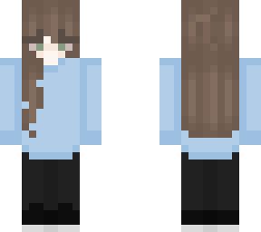 brown hair green eyes girl blue jumper