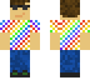 rainbow shirt, shades, jeans