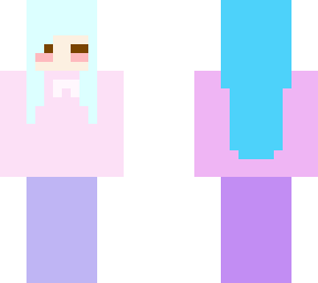 pink shirt with blue pants with blue hair with brown eyes with blush eyes closed