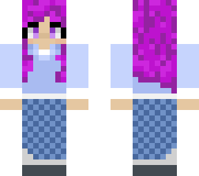 purple hair, blue clothed with skirt person.