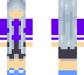 blue hair girl with purple shirt and black shorts