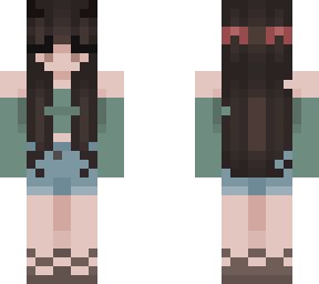 brown hair - green top - denim shorts