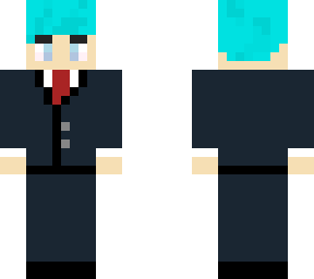 blue hair, black suit