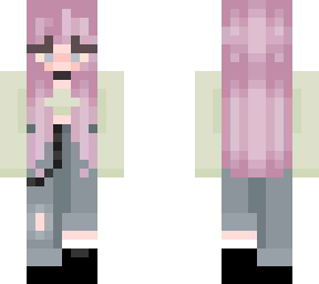 purple hair / green top / jeans