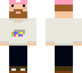 aksel with a white merch shirt and pink beanie