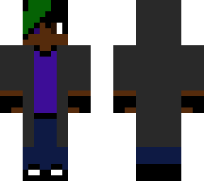 grey jacket with a purple shirt and hood up