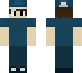 hat and blue shirt