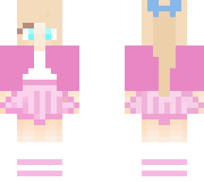 blonde ponytail in pink jacket and skirt