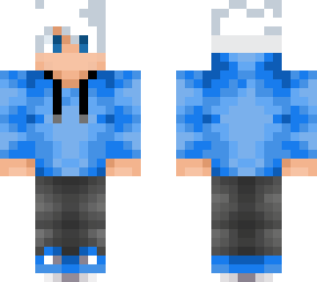 boy with blue hoodie white hair blue sneakers and black pant