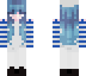 blue and white stripes with white sweat pants and a beanie