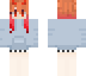 redhead with pink/red tips in a comfy blue hoodie