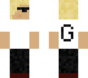 guy, blonde hair white t-shirt with g on back, black pants