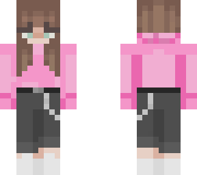 pink hoodie, with short hair and hazel eyes!