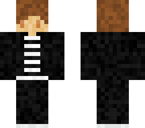 black pants, striped t-shirt, black jacket, white shoes.