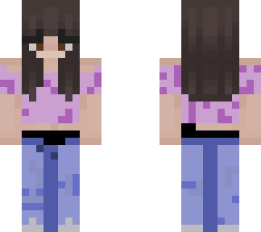 purple shirt with jeans and brown hair