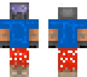 xisuma but in summer clothes (white x-hat, blue shirt, red mushroom pants)