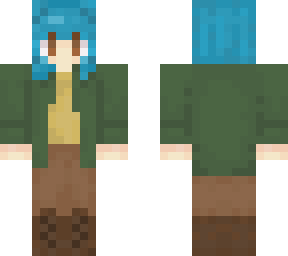 blue haired girl with green jacket