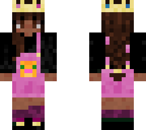 brown haired girl with a crown and pink cat dungarees