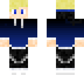 alex - fade blue hoodie with black jeans and blonde hair