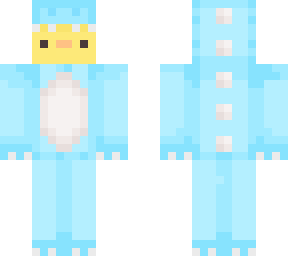 duck in a blue dino onsie