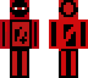 red and black robot with white eyes