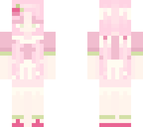 strawberry girl with pink hair and bows.  strawberry themed outfit and shoes.