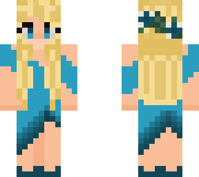 blonde girl in blue/teal dress