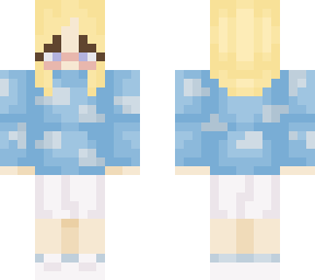 blonde girl with cloud sweater and white skirt