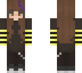 black and yellow striped sweater with purple streak in hair