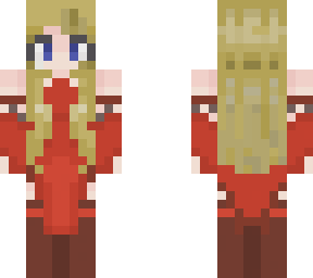 blonde girl in red dress