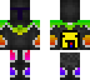 rainbow armoured mandalorian with smiley face at the back.