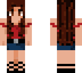 a girl...with a red top...and jean shorts.. or skirt