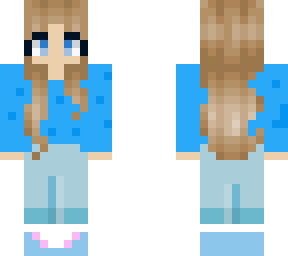 blonde girl wearing blue shirt with dark blue bobs