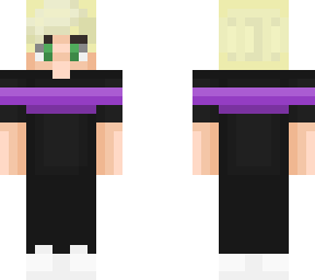 blonde hair, purple striped shirt.
