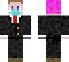 suit w/ pink beanie, robot arm and mask