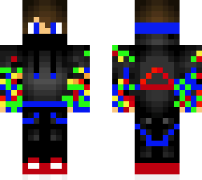 blue hoodie and blue , green , red flames .