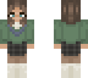simple green sweater, grey skirt, short brown hair skin
