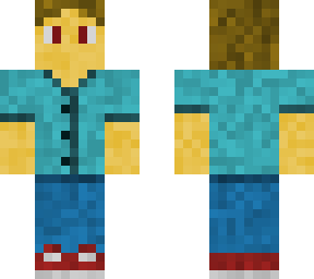 classic style jeans, brown hair, cyan shirt, red shoes