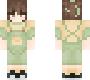 green overalls and spaced buns