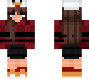 chicken hat with red and black sweater with black shorts!