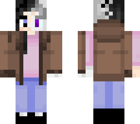 half female with black hair half unknown species purple eyes with trench coat